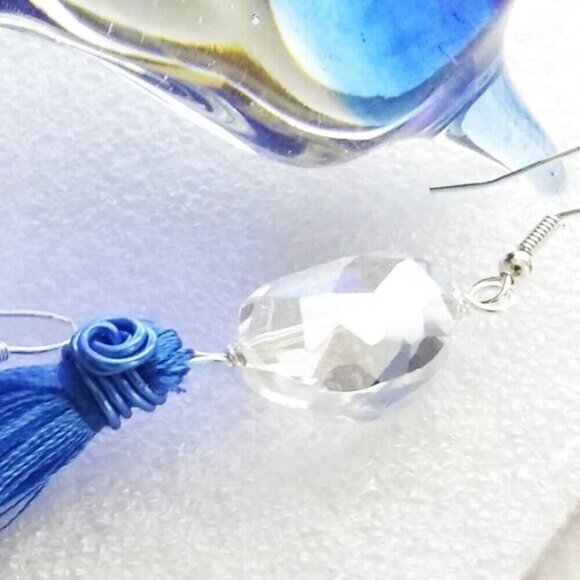 Shoulder Dusters! Extra Long Dangle Earrings - Faceted Clear Crystal + Tassels - Picture 4 of 7